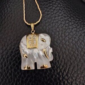 Stunning Elegant White Pearl Golden Accents Elephant Pendant Gold Chain Necklace